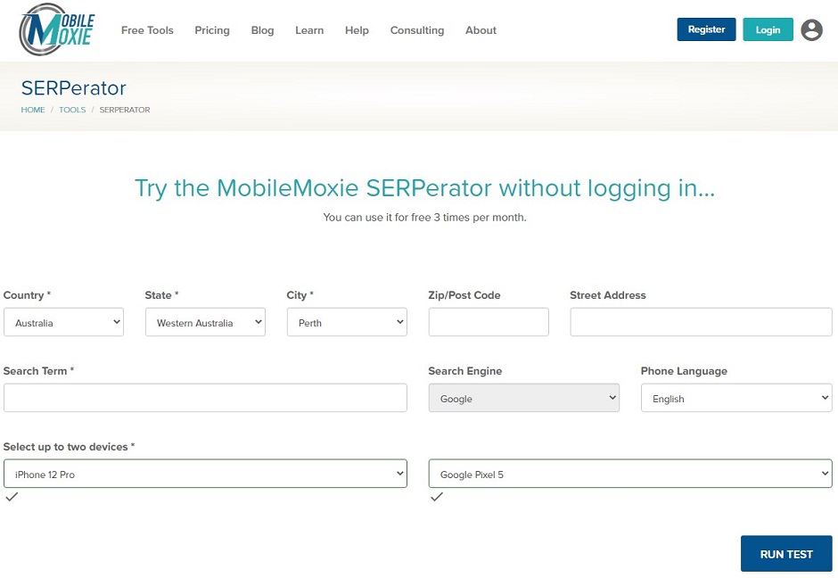 Mobile Moxie Mobile SERP Test Tool