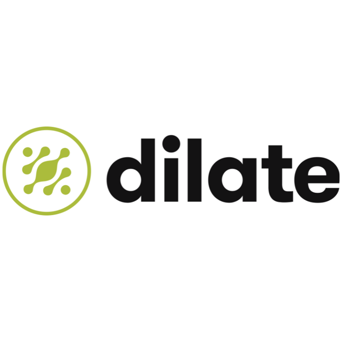 The logo features the lowercase wordmark 'dilate' paired with a geometric icon, styled in a clean, modern sans-serif typeface. — dark background variant
